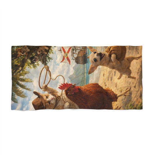 Beach Towel - Coastal Farm Animals Print (Chicken & Dog on Sandy Shore)