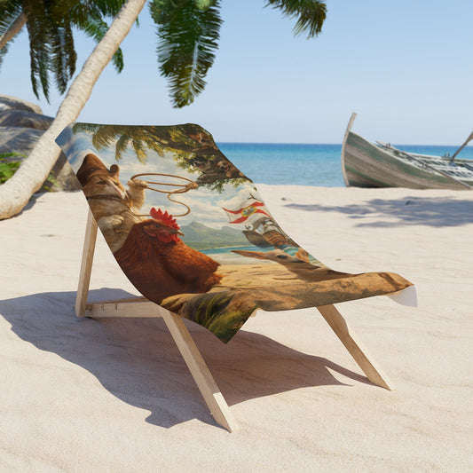 Beach Towel - Coastal Farm Animals Print (Chicken & Dog on Sandy Shore)